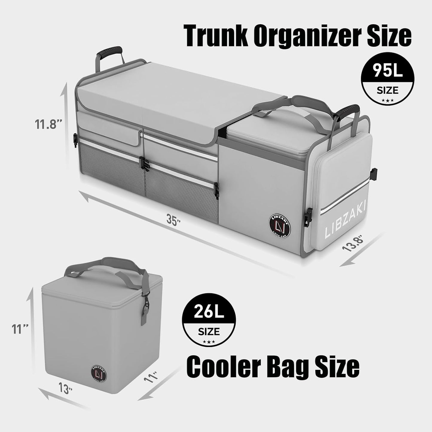 LIBZAKI Oversize 4 in 1 Car Trunk Storage Organizer, Multi Compartment Collapsible Trunk Storage Box with Cooler Bag for Car Truck SUV-Gray