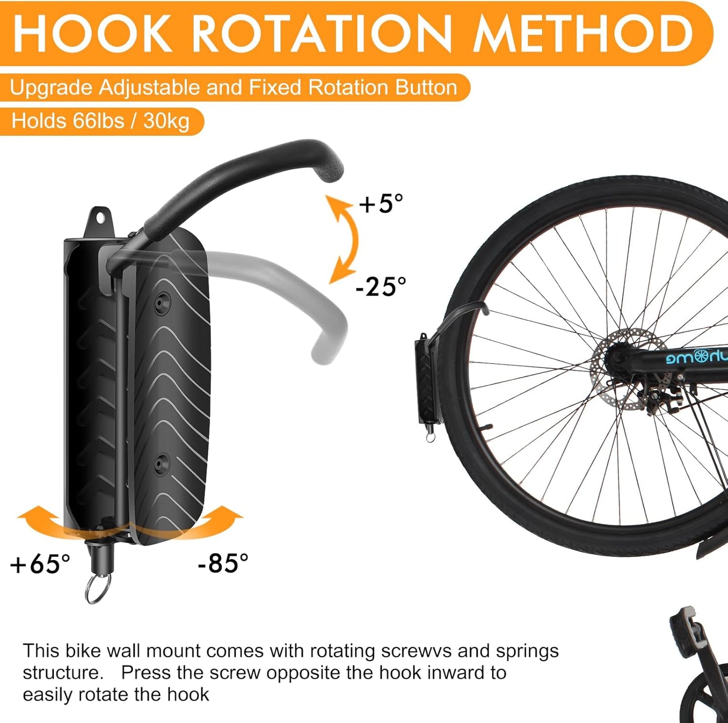 MILADO Wall Bike Rack, Swivel Bike Wall Mount for Garage, 150° Space Saving Vertical Bike Hangers for Storage, Hanging Bike Rack Holds Up to 66lbs, Easy to Install, 4 Pack, Black