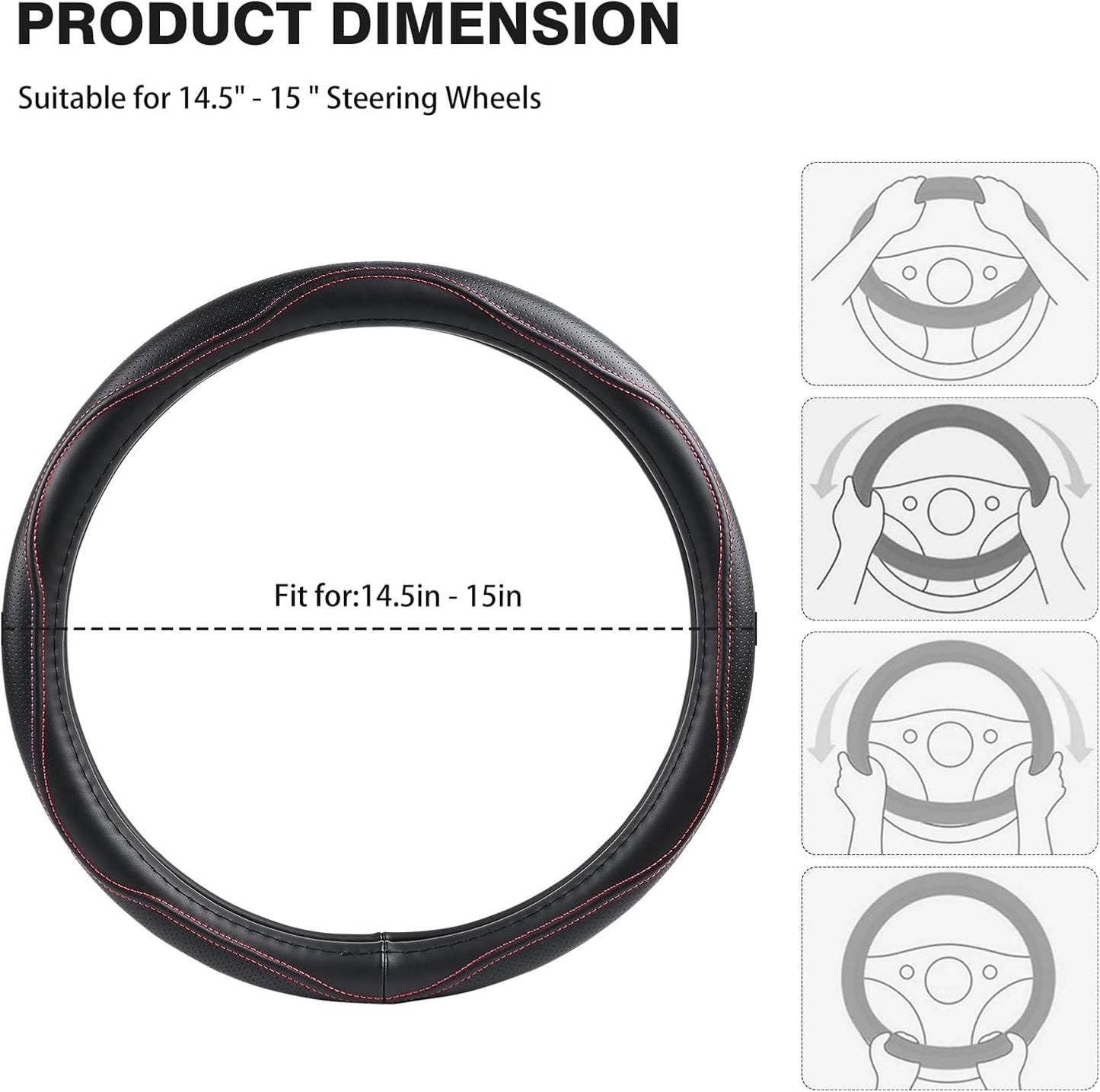 High-Grade Real Cowhide Steering Wheel Cover for Men Women,Black Genuine Leather Steering Wheel Cover for Cars,Universal 14.5-15 inch Steering Wheels