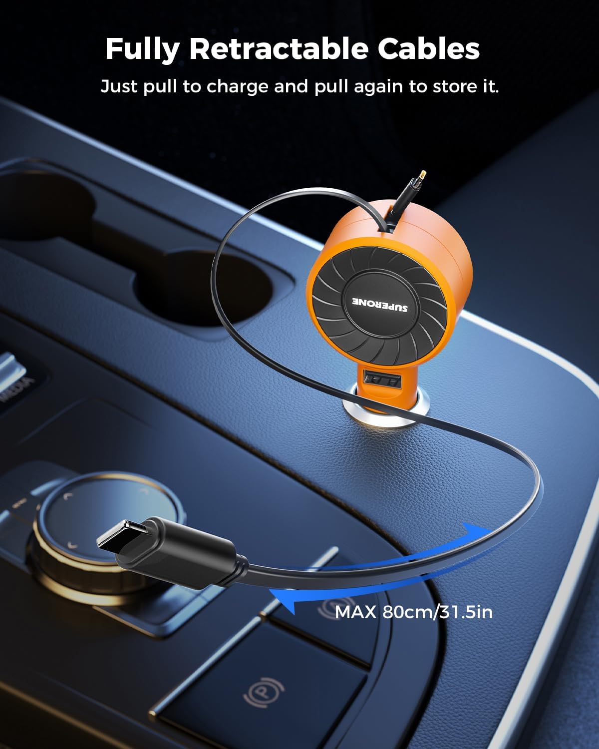 SUPERONE 3-in-1 Car Charger with Retractable Cords, USB C Charger Car Adapter Compatible with iPhone 16/15/14/13/12/11 Pro Max Samsung Android Phones