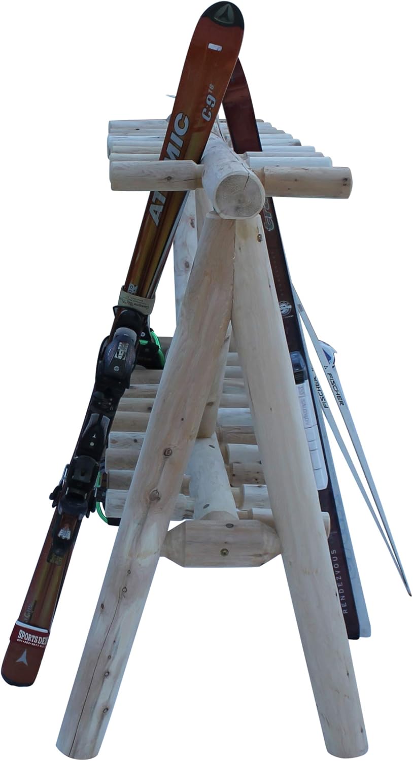 21-Place Freestanding Log Ski Rack Holder, Indoor & Outdoor Snowboard Racks, Standing Storage, Garage Racks for Snow Skis & Poles, Durable Snowboard Rack Garage Storage Organizer - Unfinished