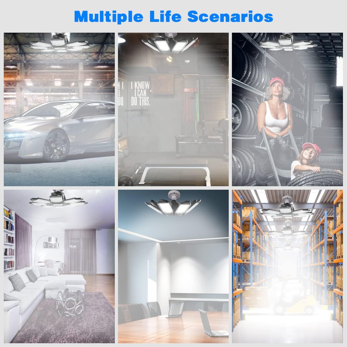 Led Garage Light - 20000LM Super Bright 6500K Garage Lights Ceiling Led w/ 8 Adjustable Panels Garage Shop Light Compatible for E26/E27 Socket Applicable for Workshop Barn Warehouse Attic