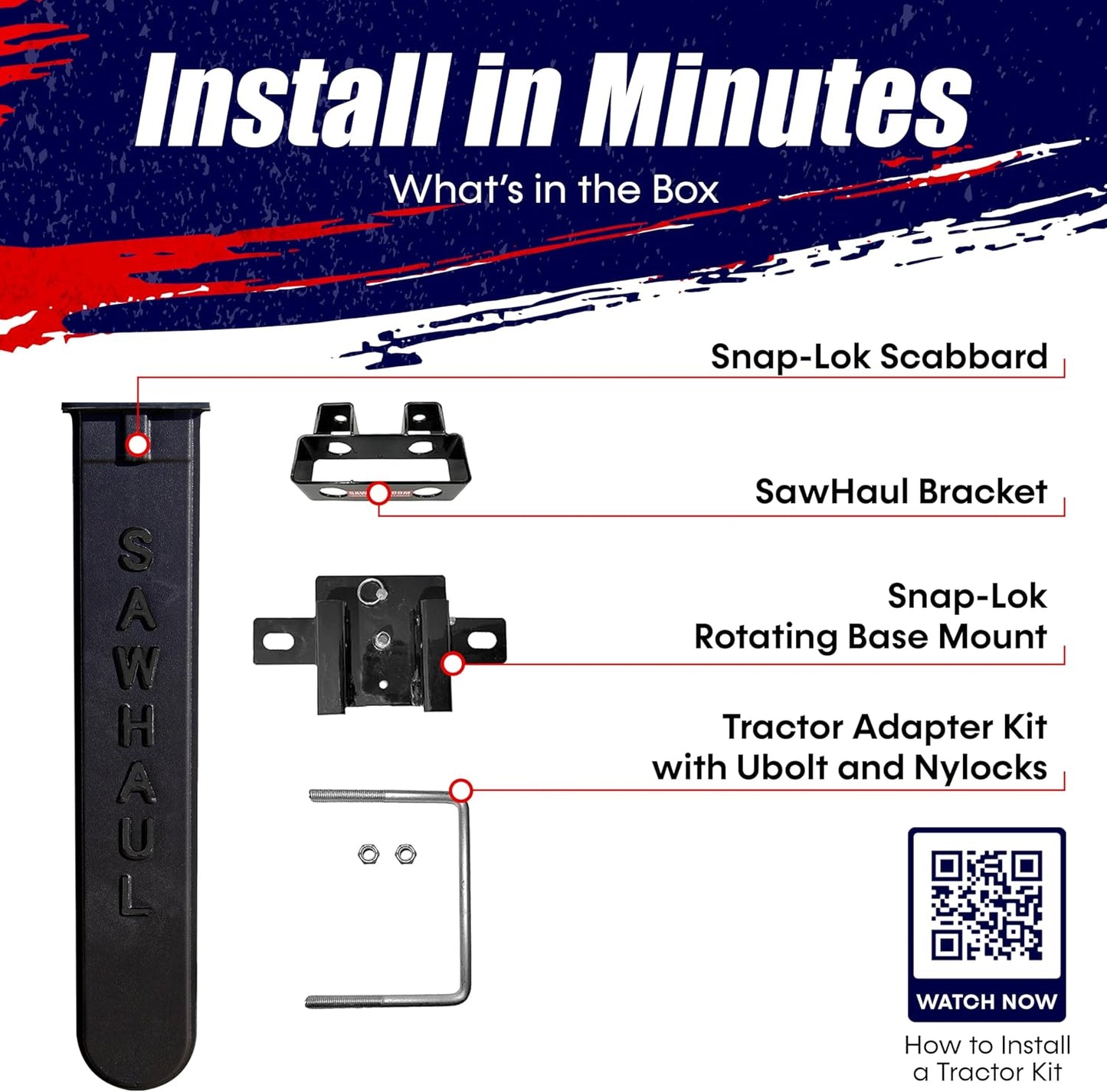 SawHaul Snap-Lok Universal Chainsaw Carrier Kit for Tractors and Skid Steers – 28 Inch Black Scabbard with Rotating Mount – Compatible with All Chainsaw Brands – Made in USA