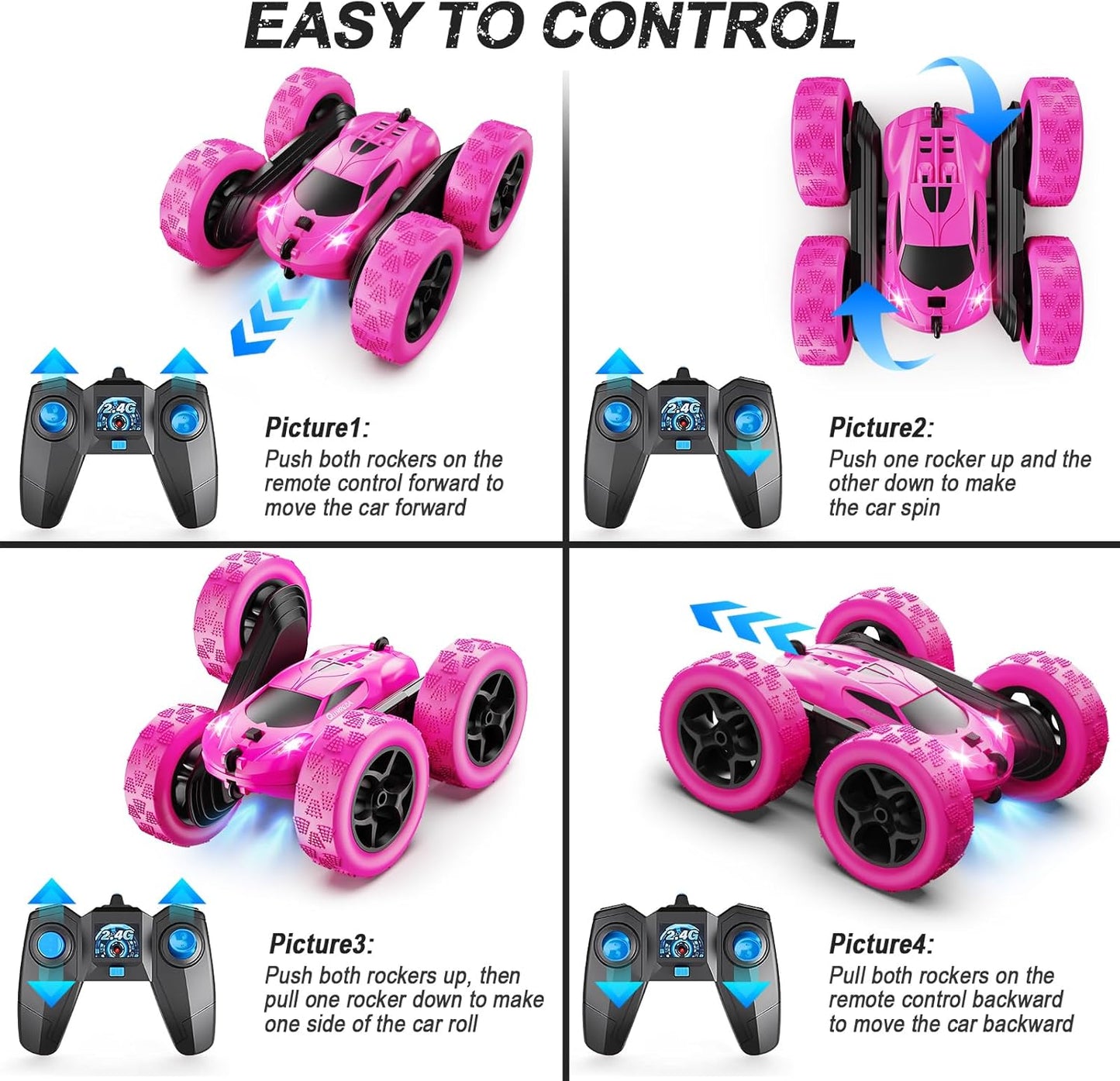 RC Cars, Rose Remote Control Car for Girls, 2.4 GHZ Double Sided RC Stunt Car 360° Rotating Remote Control Crawler with Headlights Car Toys for 6 7 8 9 10 11 12 Girls Birthday Gift