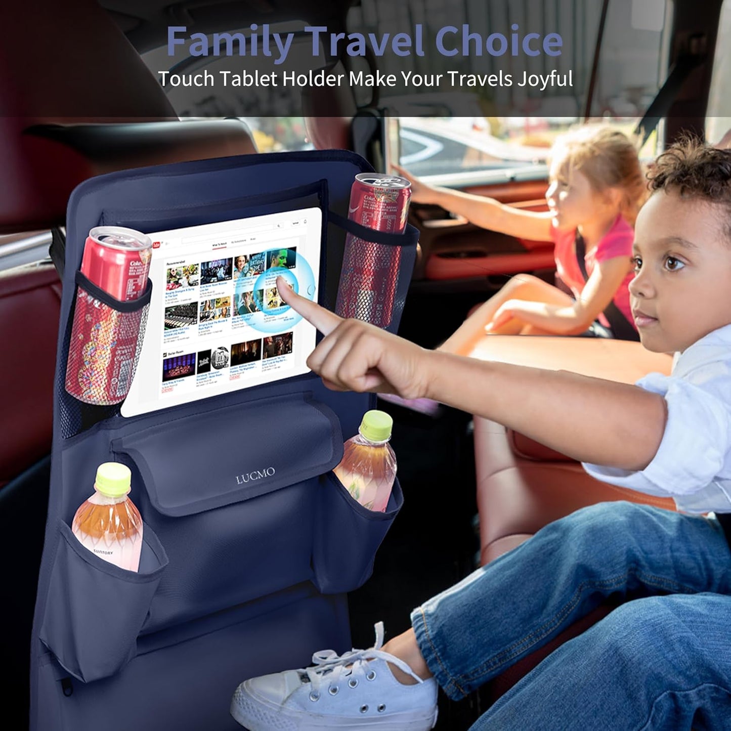 LUCMO Car Backseat Organizer with Touch Screen Tablet Holder,9 Storage Pockets Car Storage Organizer,Protectors Kick Mats Travel Accessories for Kids-Dark Blue