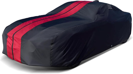 iCarCover Custom Car Cover for Pontiac GTO (1973) Waterproof All-Weather Rain Snow UV Sun Protector Full Exterior Indoor Outdoor Car Cover (Stripe - Black/Red)