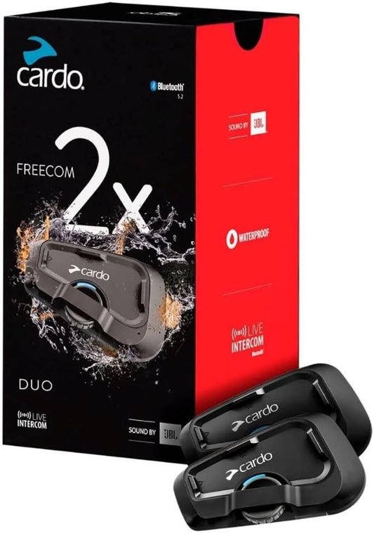 Cardo Systems FREECOM 2X Motorcycle 2-Way Helmet Bluetooth Communication System Headset Intercom, Universal Bluetooth Connectivity, Waterproof, 40mm Speakers - Dual Pack