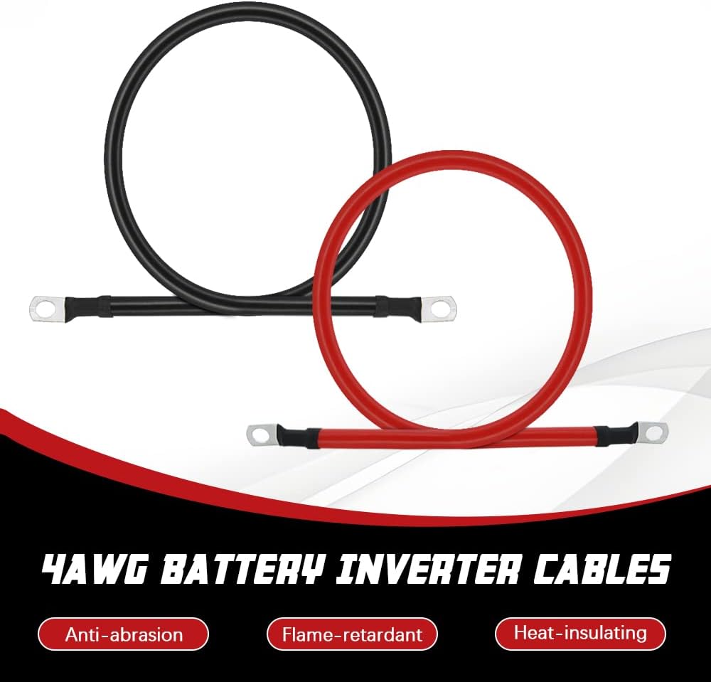 4 AWG Battery Cable 2FT 4 Gauge Pure Copper Battery Inverter Cables with 3/8 in Lugs Both Ends Power Inverter Wire Set for Automotive Solar Power Inverter Marine Boat RV Car Motorcycle (2FT)