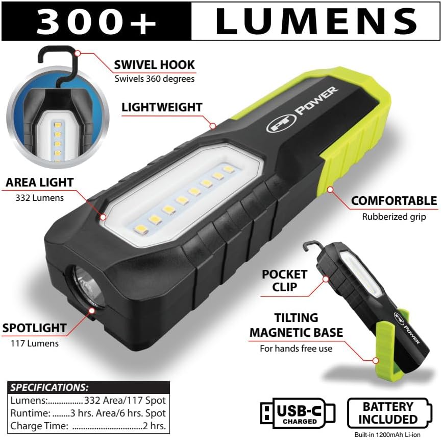Performance Tool W2685 300+ Lumens 2-in-1 Li-Ion Work Light - Area Light and Spotlight in One, Rechargeable