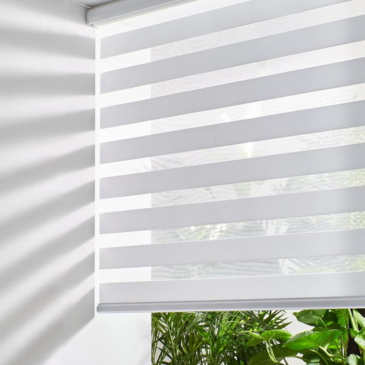 Persilux Cordless Zebra Blinds for Windows, Free-Stop Dual Layer Zebra Roller Shades (25" W x 72" H, White) Light Filtering Sheer Shades, Room Darkening Roller Blinds for Office and Home