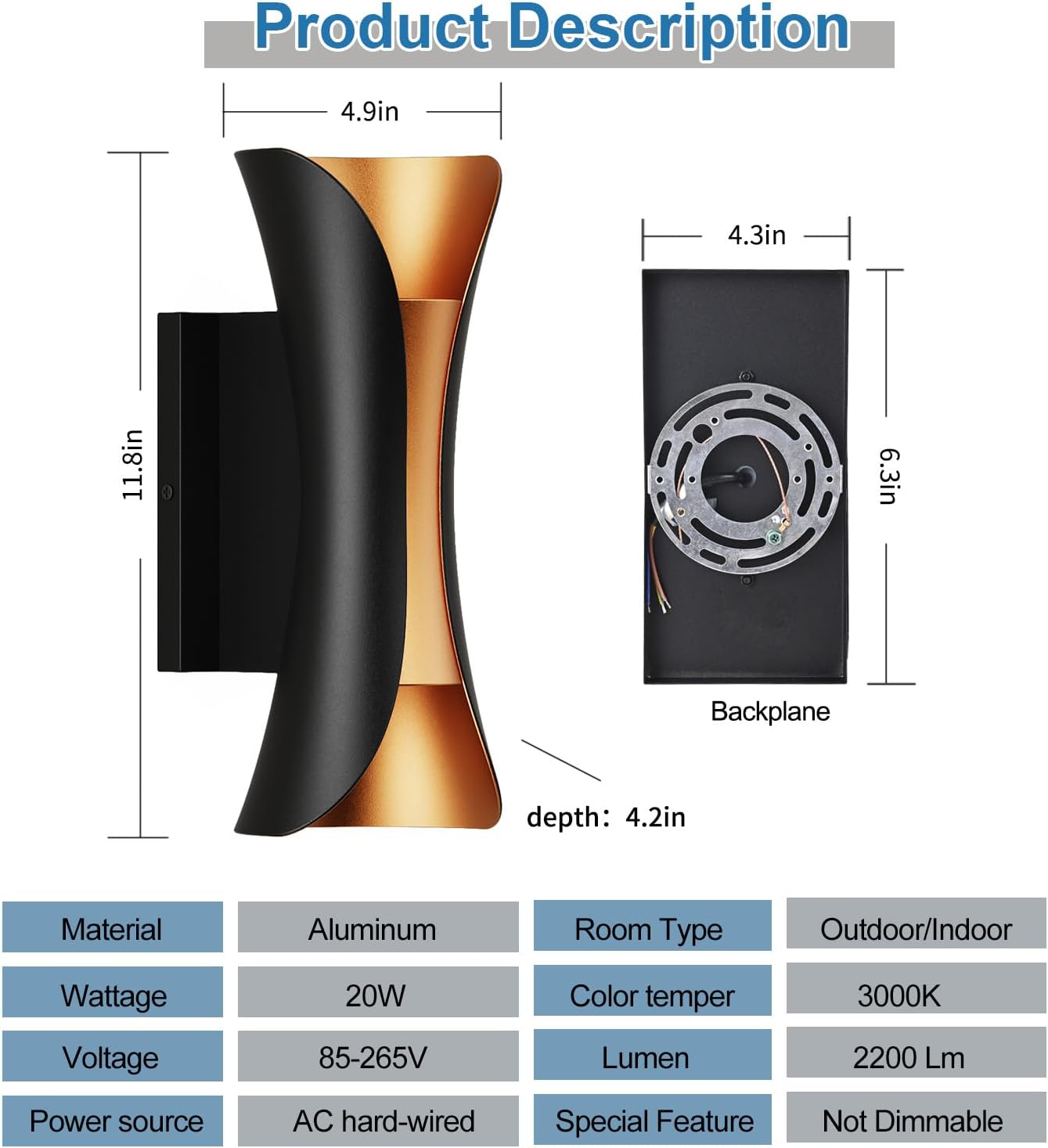 Outdoor Wall Light LED 20W (H) 11.8in Aluminum - Black Gold Waterproof Exterior Lighting Fixture,3000K Warm,Up Down Porch Sconces Brightens to Patio,Garage,Front Door