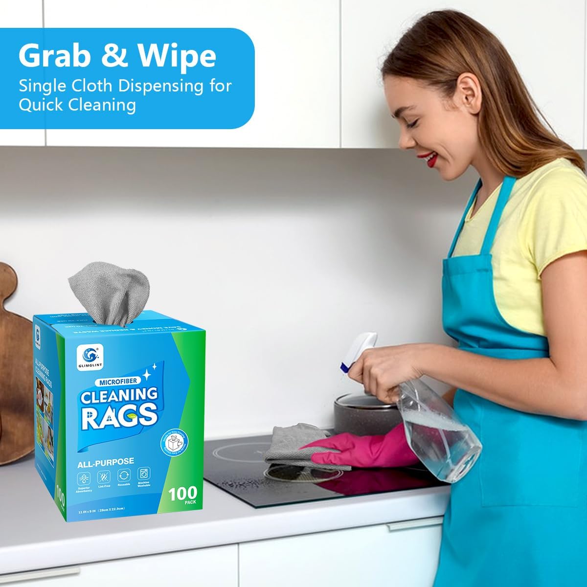 GLIMGLINT Microfiber Cleaning Cloth, 100 Pack Cleaning Rags, Lint-Free, Ultra Absorbent Reusable Paper Towels for Home, Kitchen, Car, Garage or Shop, Dish Rags, 11" x 9", Grey