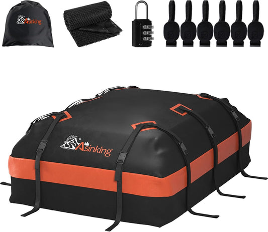 Asinking Car Roof Bag Rooftop top Cargo Carrier Bag 15 Cubic feet Waterproof for All Cars with/Without Rack, Includes Anti-Slip Mat, 10 Reinforced Straps, 6 Door Hooks, Luggage Lock