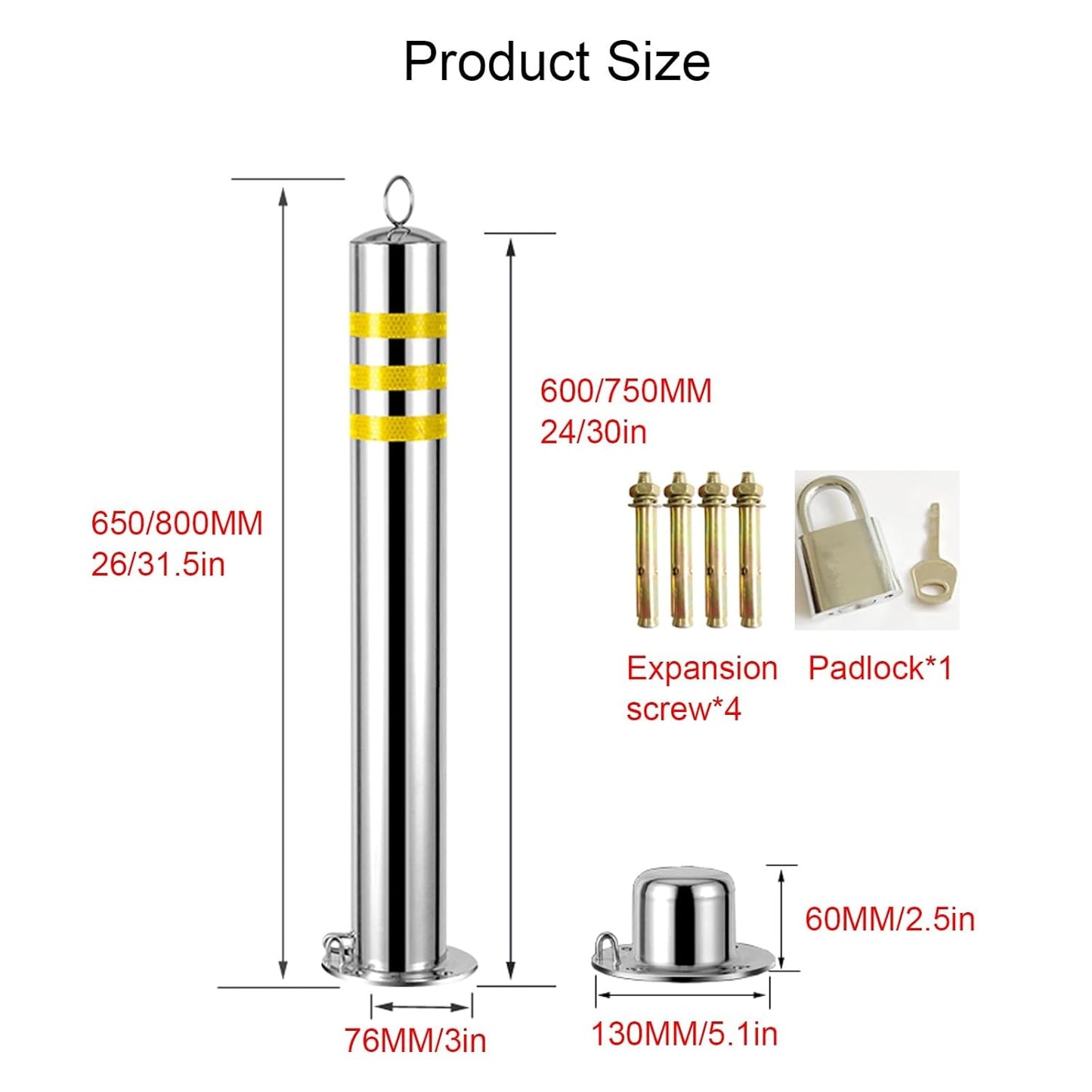Safety Bollard, Steel Bollards, Removable Bollard, Driveways Stainless Steel Security Posts with 4 Anchor Bolts, for Parking Barrier, Road Safety(Size:750mm/30in)