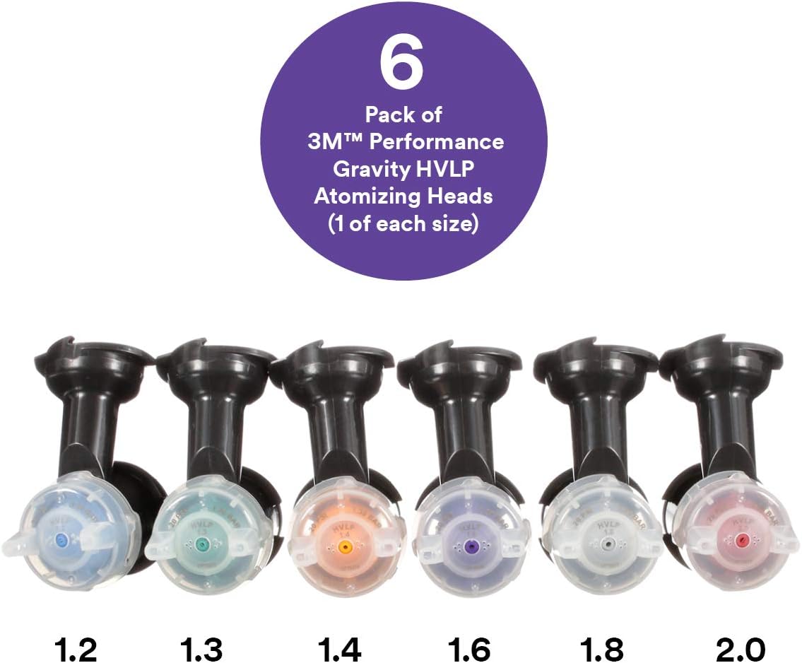 3M Performance Gravity HVLP Atomizing Head Variety Kit, 26730, Sizes 1.2, 1.3, 1.4, 1.6, 1.8, 2.0, for use Performance Spray Gun PPS 2.0 Paint Cups, Pack of 6, Black