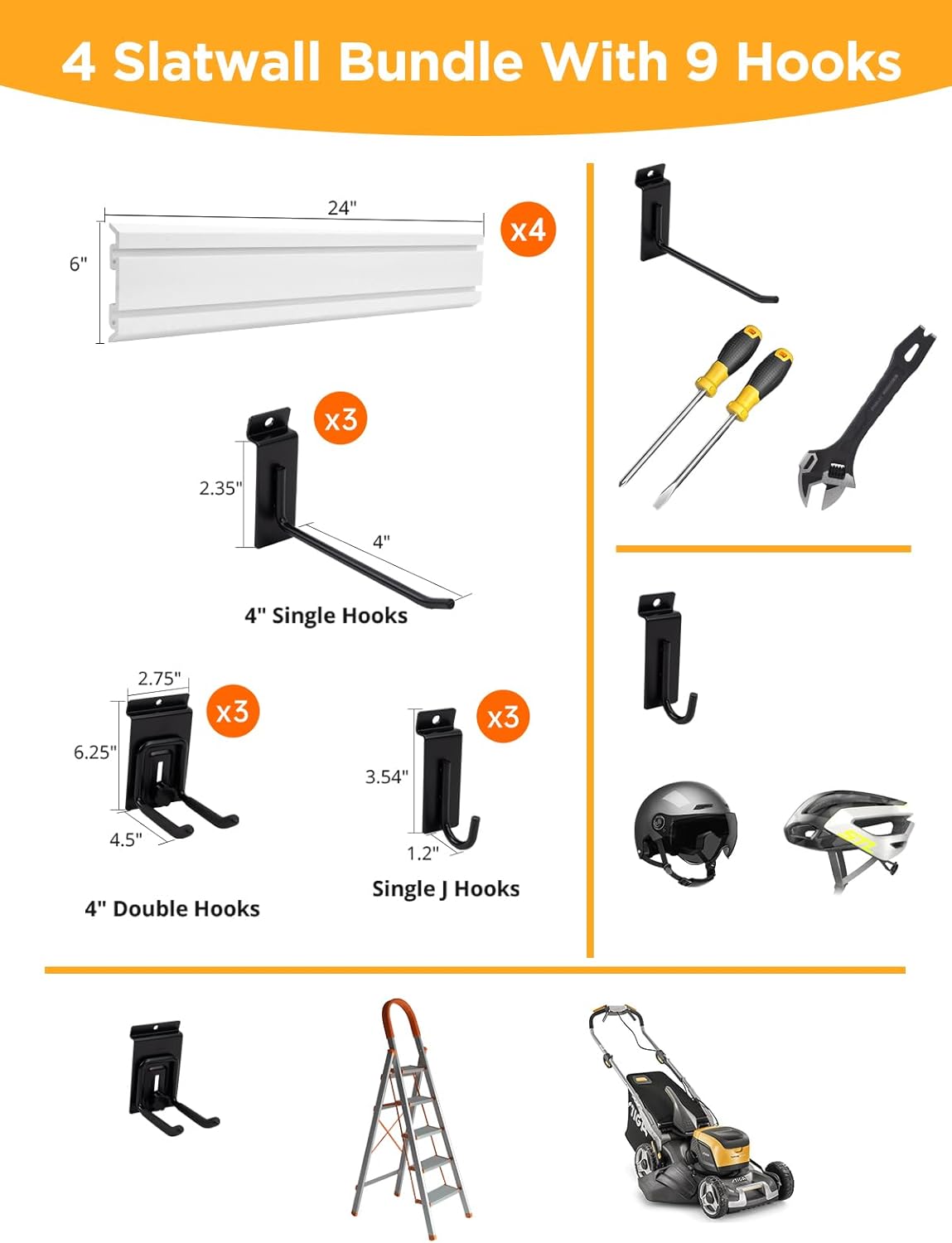 Slat Wall Paneling Garage Tool Organizer Wall Mount 4 Pack with Adjustable Metal Hooks 9 Pack, Garage Slat Wall Storage Systems Garage Storage & Organization Products, White Slatwall Total 96 inch