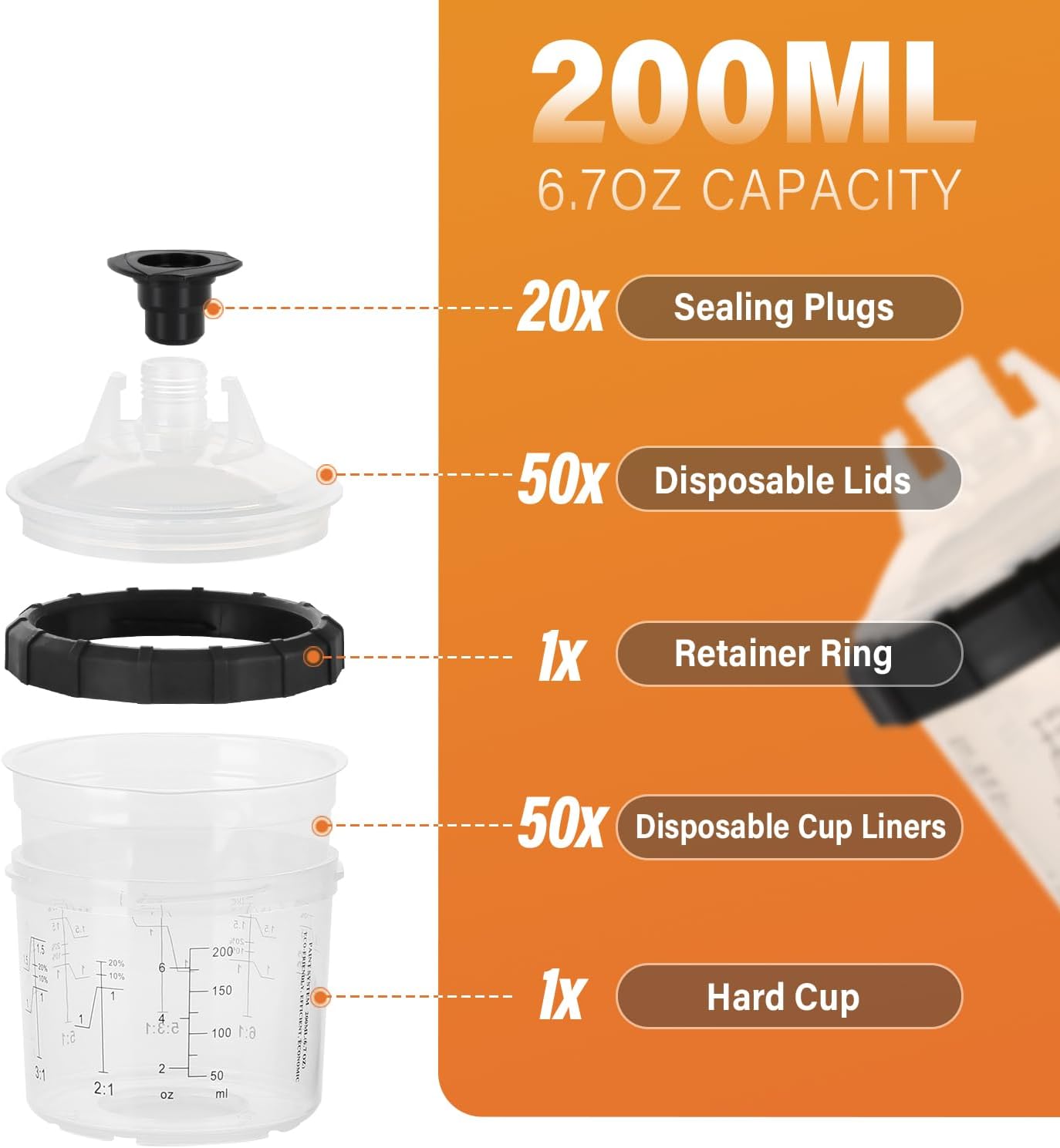 Disposable Paint Spary Gun Cups(200ML/6.7OZ), Spray Paint Cup Kit with 50 Cup Liners, 50 Lids, 20 Sealing Plugs, 1 Retainer Ring, 1 Hard Cup for Automotive Paint Gun