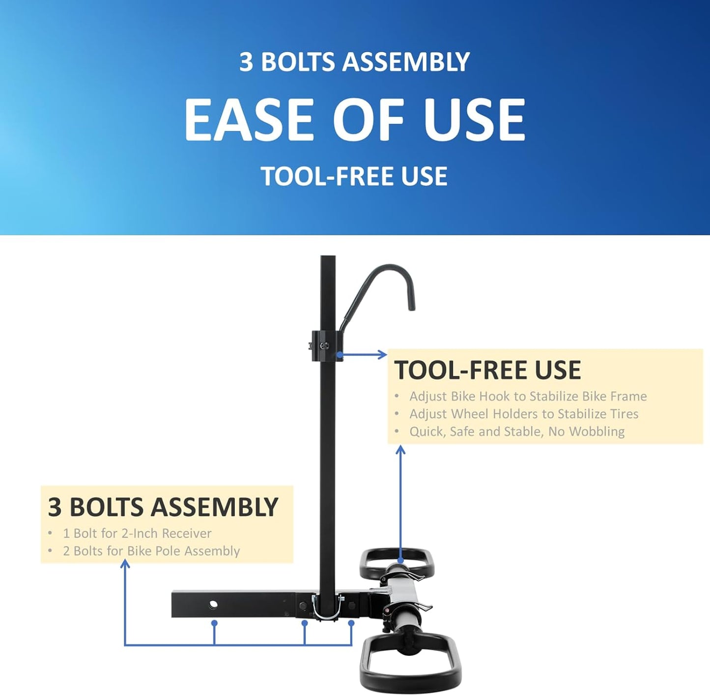 Trailer Hitch Bike Rack for Car 1 Bike, E Bike Carrier Hitch Mount, Fat-Tire Ebike Rack for Tow Hitch, Fits 2" Inch Receiver for SUV Truck Van (1 Bike - 120 Lbs Cap - Black)