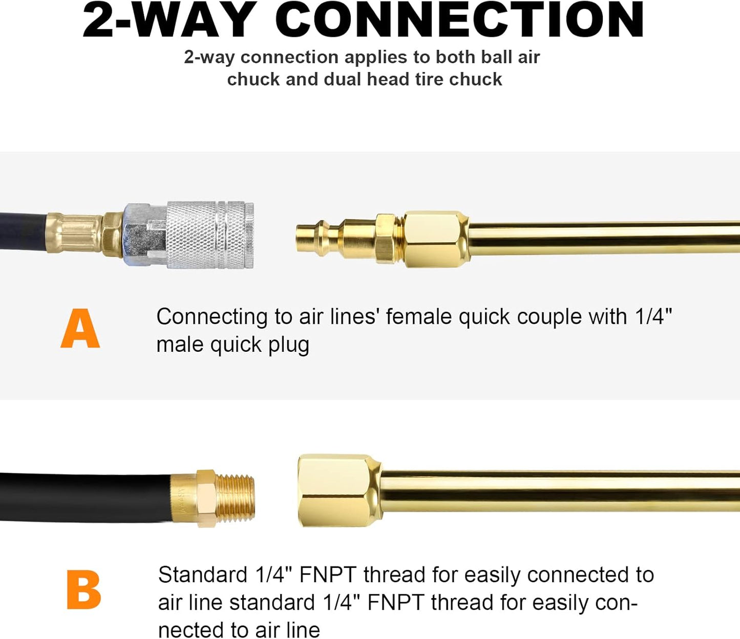 2-Way Connection 13.8" Extended Air Chuck Set, 1/4 in FNPT Straight Foot Dual Head Tire Inflate Chuck with Standard Brass Quick Plug, Tire Air Compressor Fill Kit for Truck RV Dually Tires