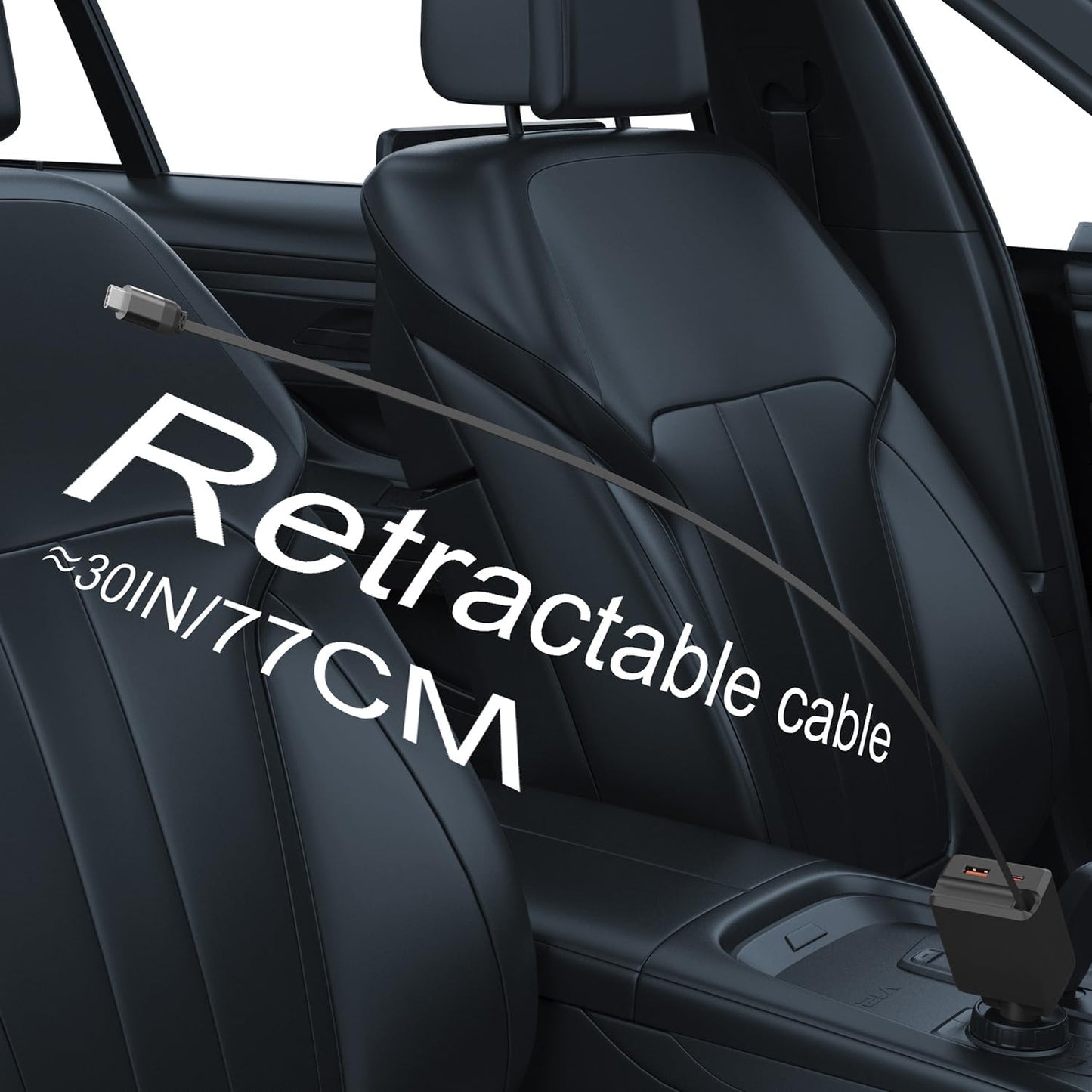 Retractable Car Charger, Total 75W Fast Charger 3 in 1 USB C Car Adapter, Retarctable Type C Cables (30 inch) and 2 USB Ports, Compatible with iPhone 16/15 Series, iPad, Galaxy, Pixel, Laptop and More