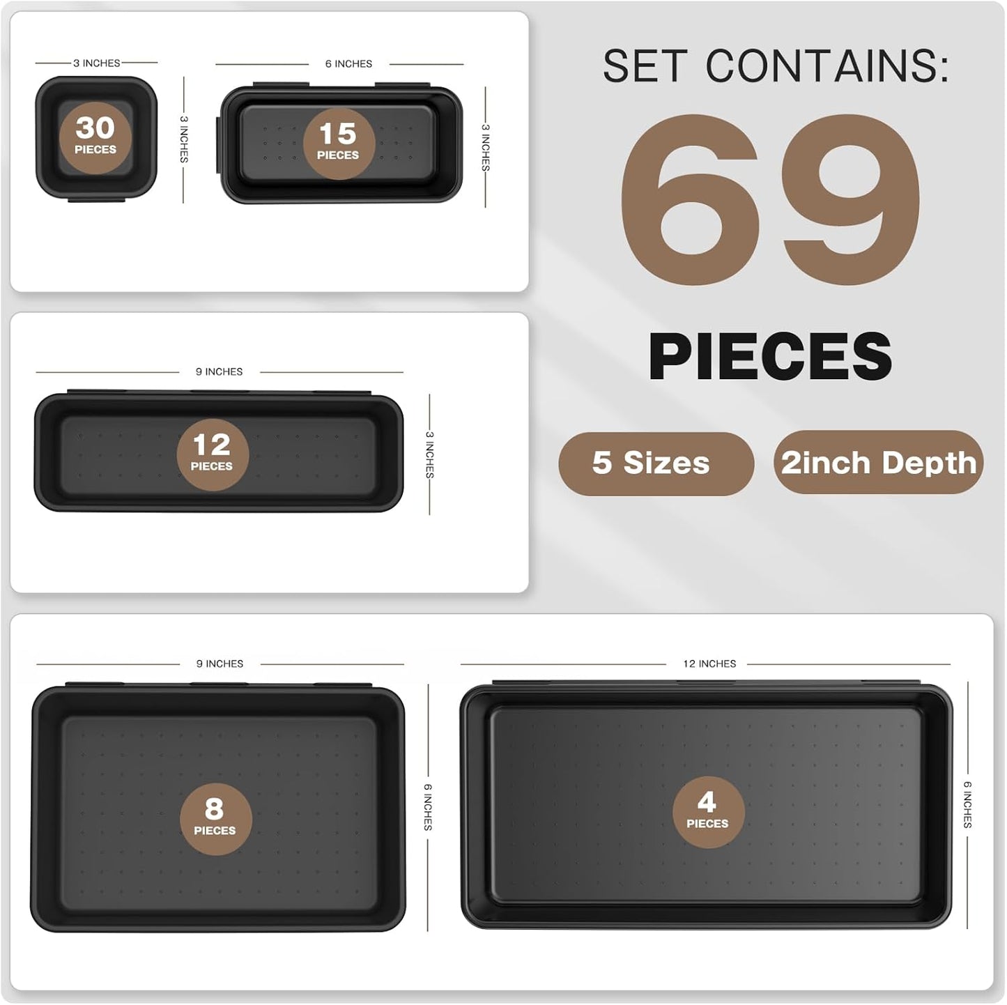 【More Larger Size】A-LUGEI【69Pcs】【5 Size】 Tool Box Organizer Tray Divider Set, 【Black】 Desk Drawer Organizer, Garage Organization and Storage Toolbox for Rolling Tool Chest Cart Cabinet WorkBench Parts