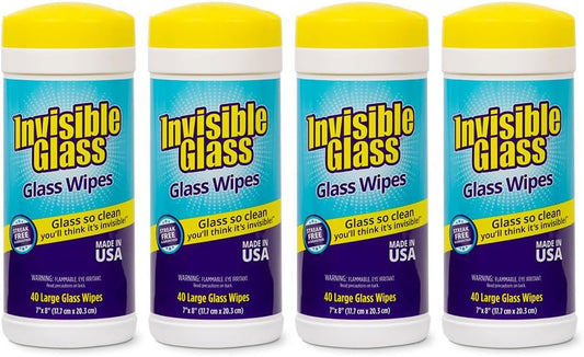 Invisible Glass 90160-4PK Glass Cleaning Wipes Perfect for Cleaning Mirrors, Windows, and Windshields at Home, in Your Car, or at the Office, Streak-Free, Tint-Safe, Lint-Free, 40 Wipes, Pack of 4