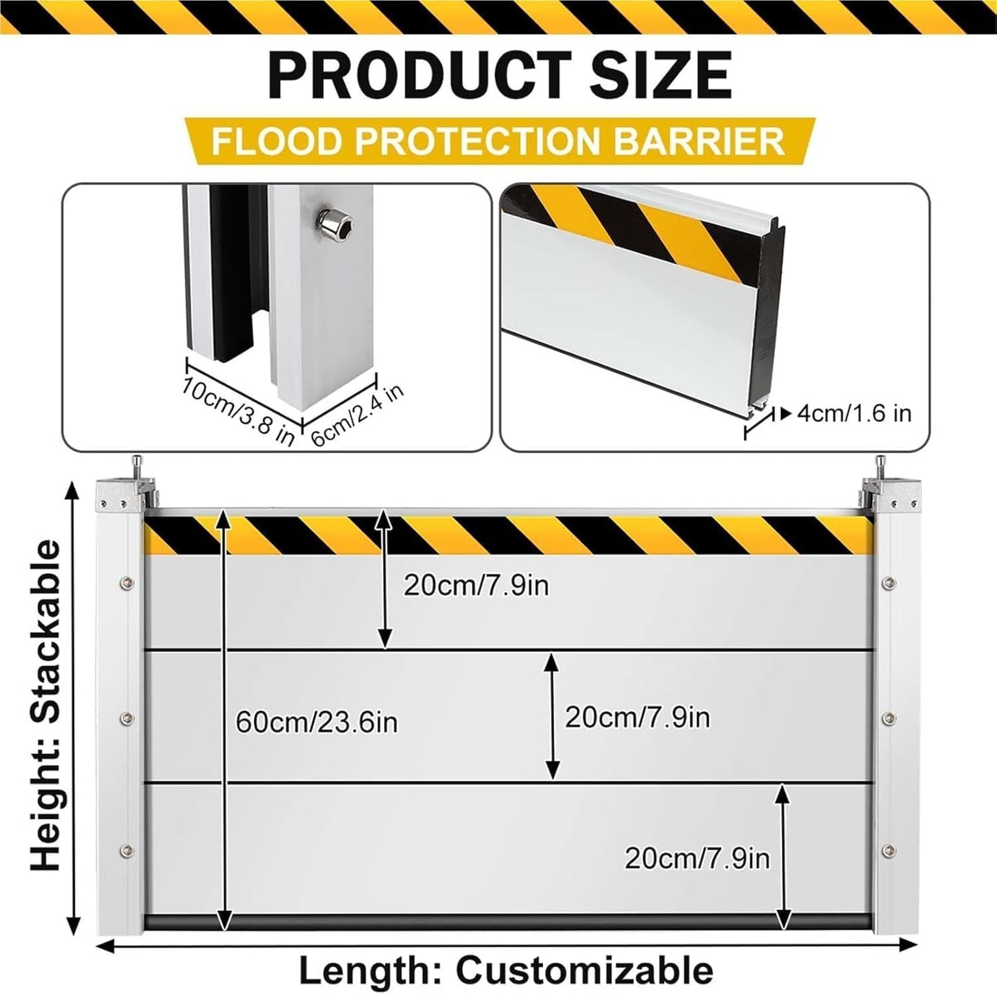 Reusable Heavy Duty Aluminum Flood Barriers for Home Exterior, Flood Protection Barriers Water Barrier Door Quick Detachable Garage Doors Detachable Mobile Rain Water Baffle ( H 15.7 inch L 6FT)