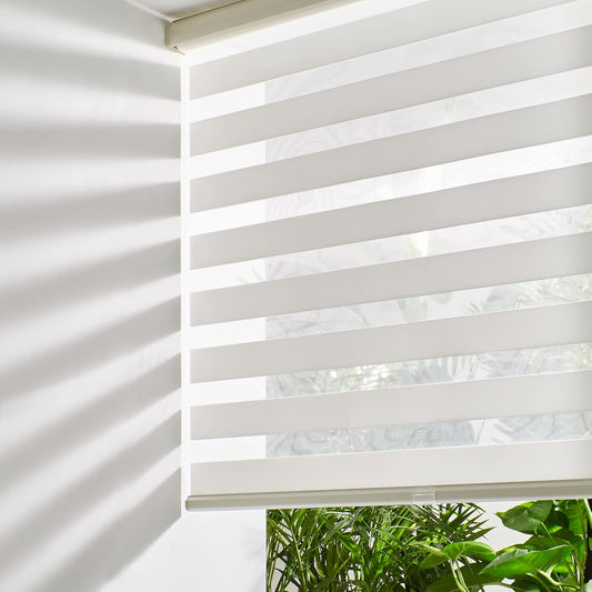 Persilux Cordless Zebra Blinds for Indoor Windows, Free-Stop Light Filtering Sheer Shades, Dual Layer for Day and Night, Roller Shades for Home (34.25" W X 64" H, Cream)