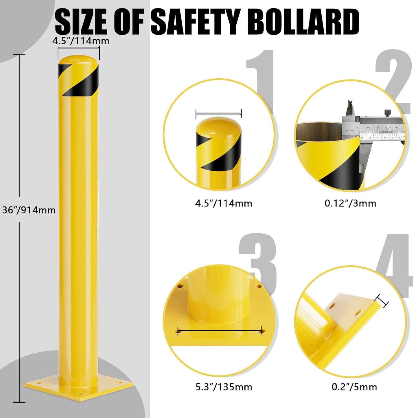 Safety Bollards, Steel Bollard Post, Yellow Powder Coated Safety Parking Barrier Post for High Traffic Areas (36inch 6Pack)