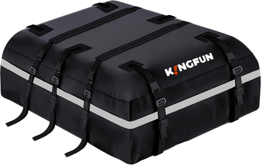 Kingfun Car Rooftop Cargo Carrier – Waterproof 20 Cubic Feet Car Roof Bag Fit All Vehicles with/Without Roof Racks, Includes Anti-Slip Mat, 8 Reinforced Straps & 6 Door Hooks, Luggage Locks（Black）