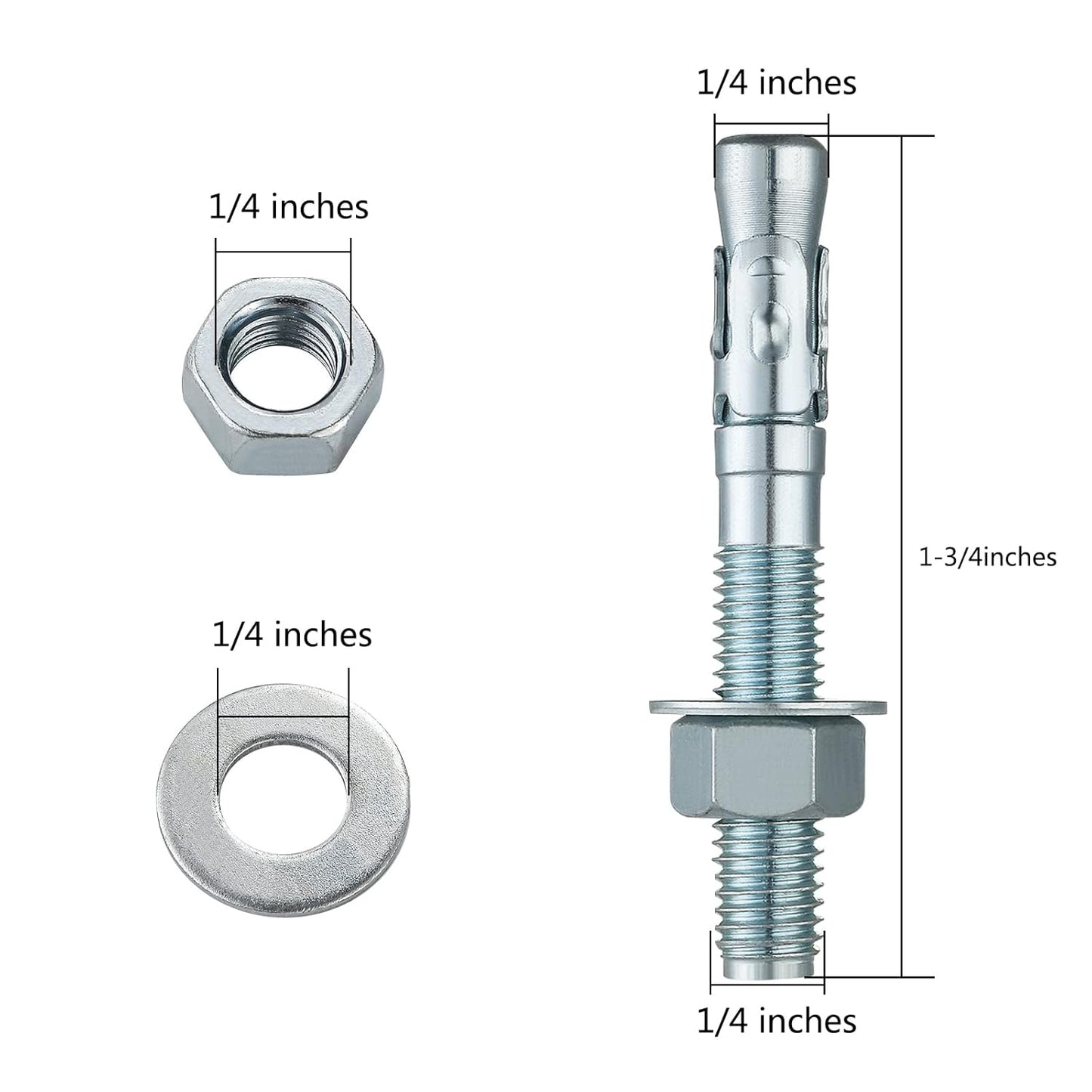 1/4x1-3/4" 50Pcs Inch Standard Fasteners for Heavy-Duty Zinc Wedge Anchors for Cement and Concrete