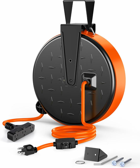 DEWENWILS 30FT Extension Cord Reel, 16/3 Gauge SJTW Power Cord, Retractable Cord Reel with 3 Outlets, Ceiling/Wall Mount for Garage, Workshop, 10A Circuit Breaker, Metal Plate, UL Listed, Orange