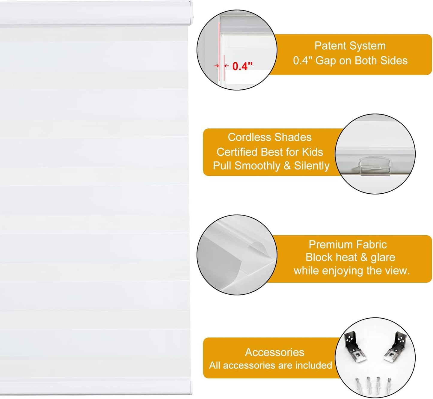Persilux Cordless Zebra Blinds for Windows, Free-Stop Dual Layer Zebra Roller Shades (25" W x 72" H, White) Light Filtering Sheer Shades, Room Darkening Roller Blinds for Office and Home