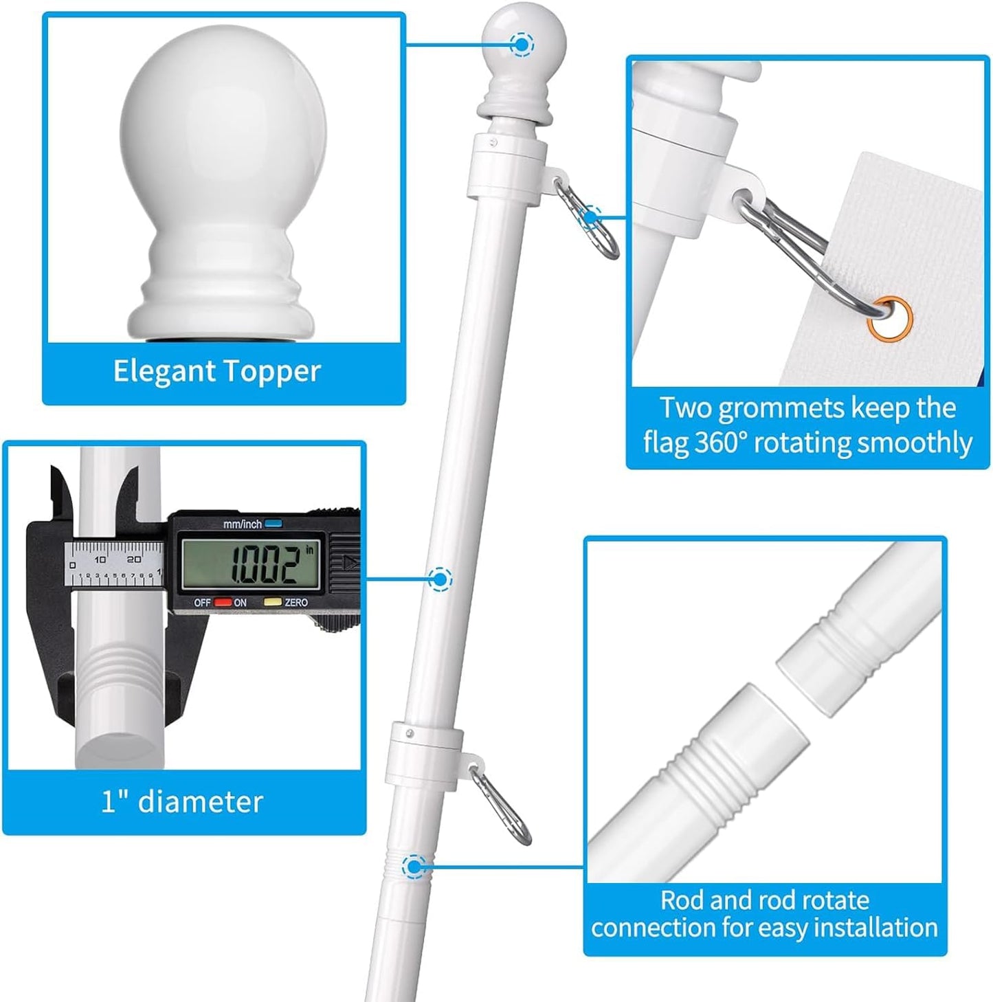 ZMTECH Flag Pole - Upgraded Bracket, 6 FT Stainless Steel Flag Poles for Outside House, Residential or Commerical, Tangle Free Flag Pole Kit for American Flag (Without Flag, White)