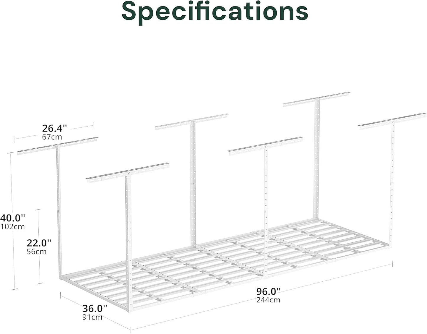 SunsGrove 3x8 Garage Storage Overhead Rack Organization, Adjustable Ceiling Mounted Storage Racks, 800LBS Weight Capacity, 22"-40" Ceiling Dropdown, White