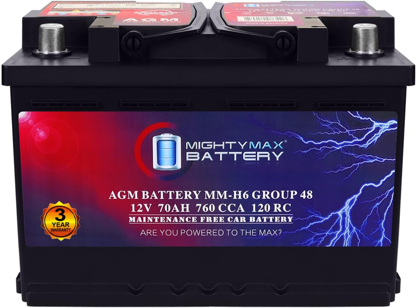 Mighty Max Battery MM-H6 Start and Stop Car BCI Group Size 48 12V 70 AH, 120RC, 760 CCA Rechargeable AGM Car Battery