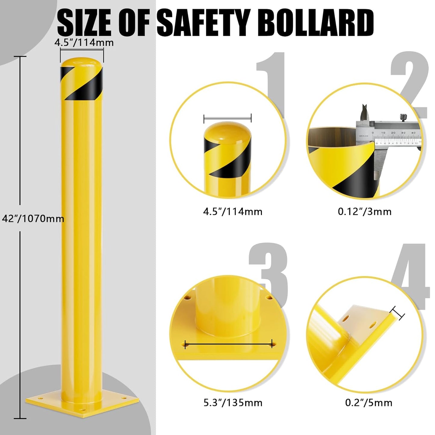 Safety Bollards, Steel Bollard Post, Yellow Powder Coated Safety Parking Barrier Post for High Traffic Areas (42inch 6Pack)