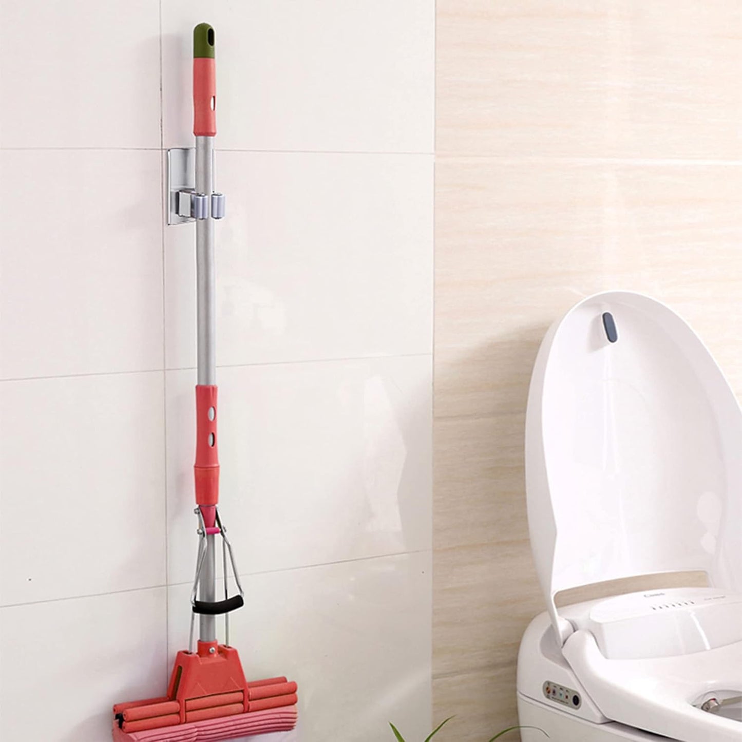 HANZE 4 Pack Stainless Steel Mop Broom Holder Organizer, Self Adhesive Wall Mounted Mop Organizer Storage Rack Clip for Kitchen Bathroom and Garage (Rectangle, Large)