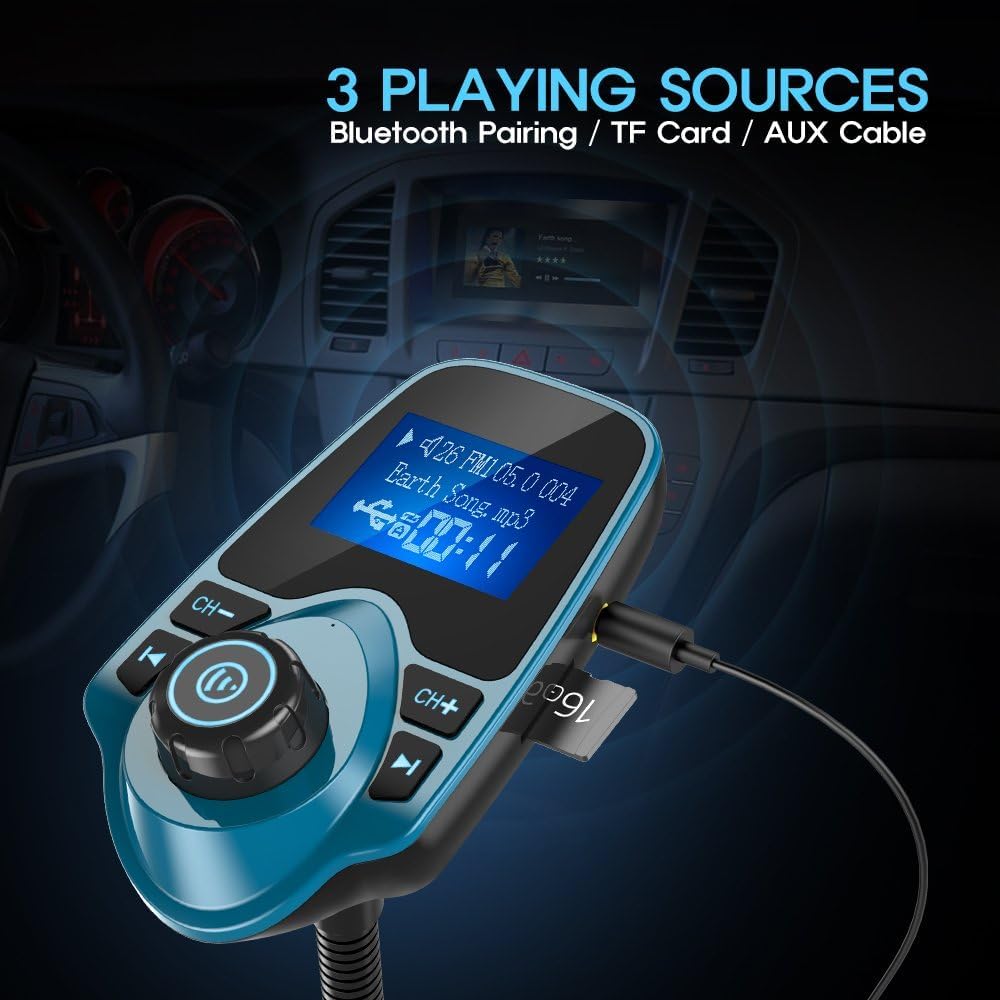 Nulaxy Bluetooth Car FM Transmitter Audio Adapter Receiver Wireless Handsfree Voltmeter Car Kit TF Card AUX 1.44 Display – KM18 Peacock Blue