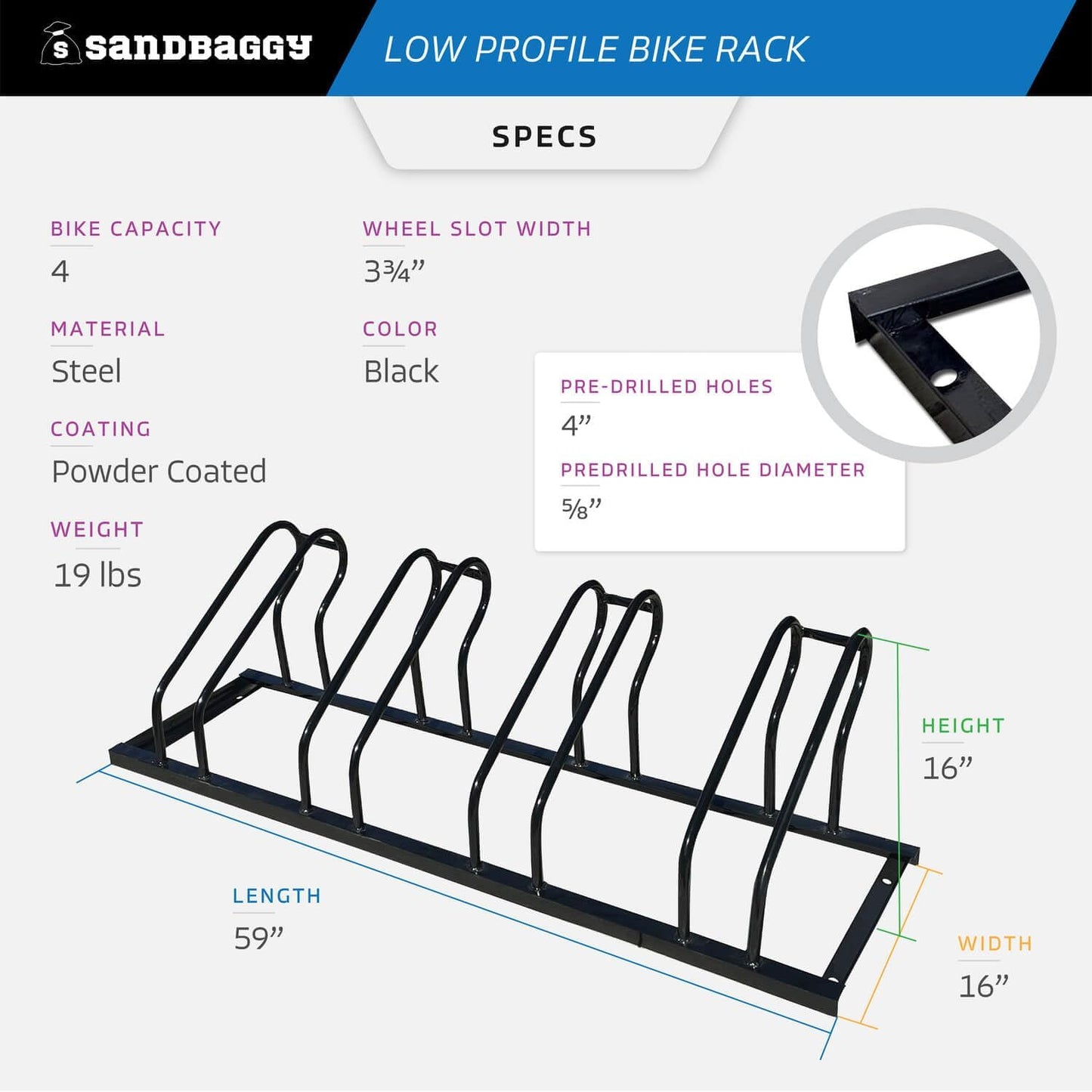 Sandbaggy Commercial Low Profile Bike Rack - Outdoor, Surface Mount, Steel - 4 Bike (4 Capacity (Low-Profile), 5)