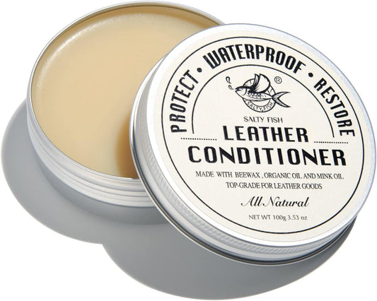 SALTY FISH All-Natural Leather Conditioner and Cleaner,Made with Mink Oil Beeswax,Protect Soften Waterproof Leather Furniture,Car Seats,Shoes,Boots,Bags (3.53 Oz)