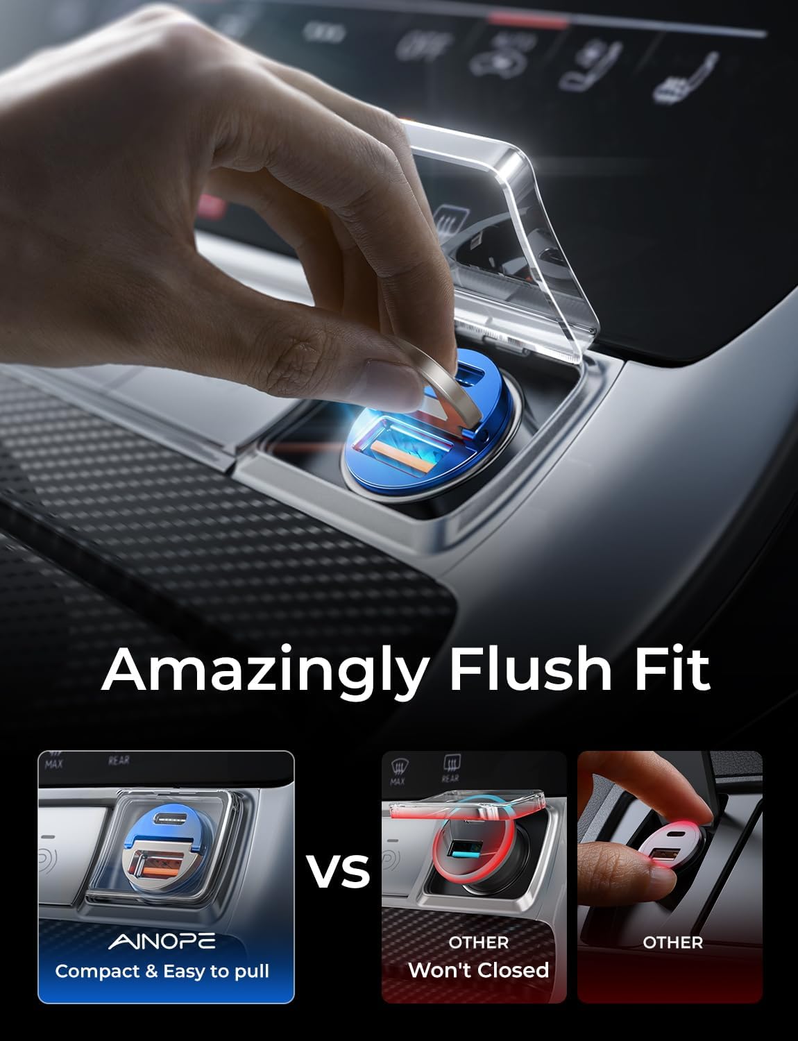 AINOPE 90W Super Fast Car Charger, Invisible USB C 45W Car Charger Fast Charging Type C, [Mini&Metal] Cigarette Lighter USB Adapter Fits Samsung Galaxy S25 Ultra S24 iPhone 16 15 Pro Max Piexl, Blue