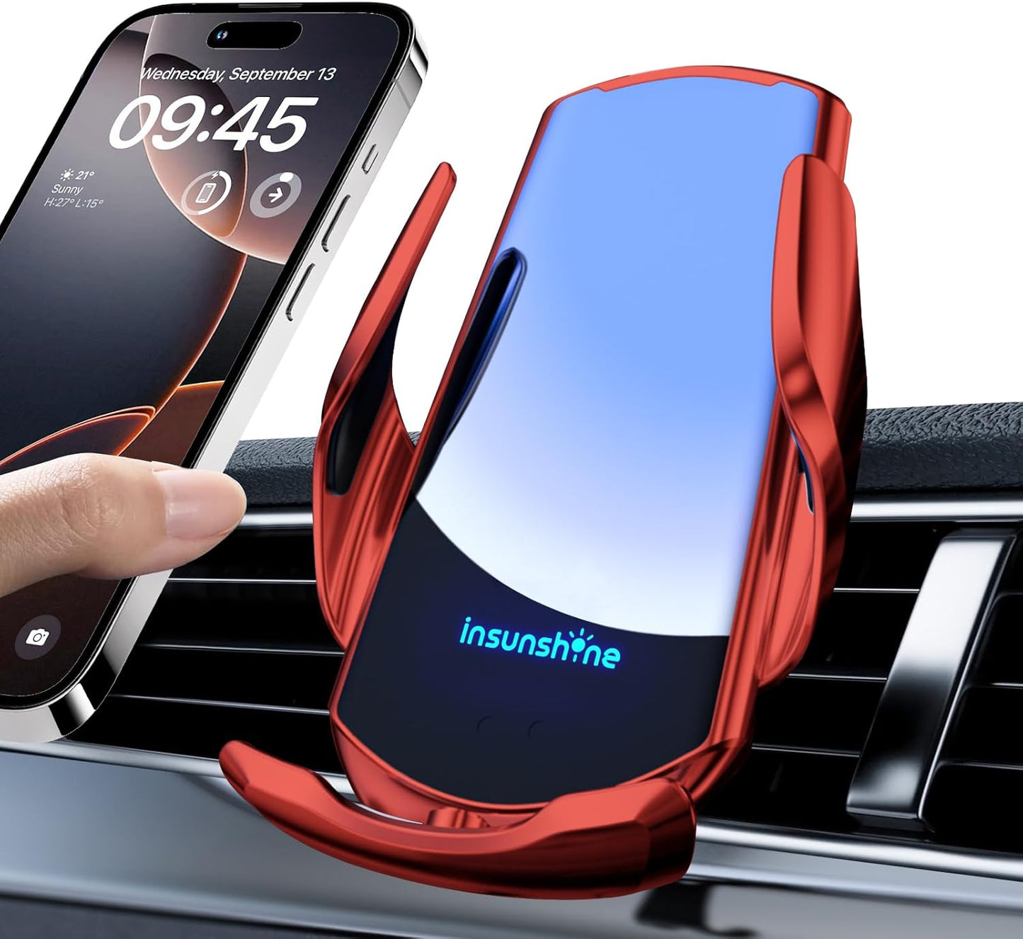 Wireless Car Charger, MAX 15W Fast Charging Auto Clamping, Sensing Phone Holder Mount, fit for iPhone 16 15 14 13 12 Pro Max Xs X, Samsung Galaxy S24 Ultra S23 S22 S21 S20 Note20 (4-Red)