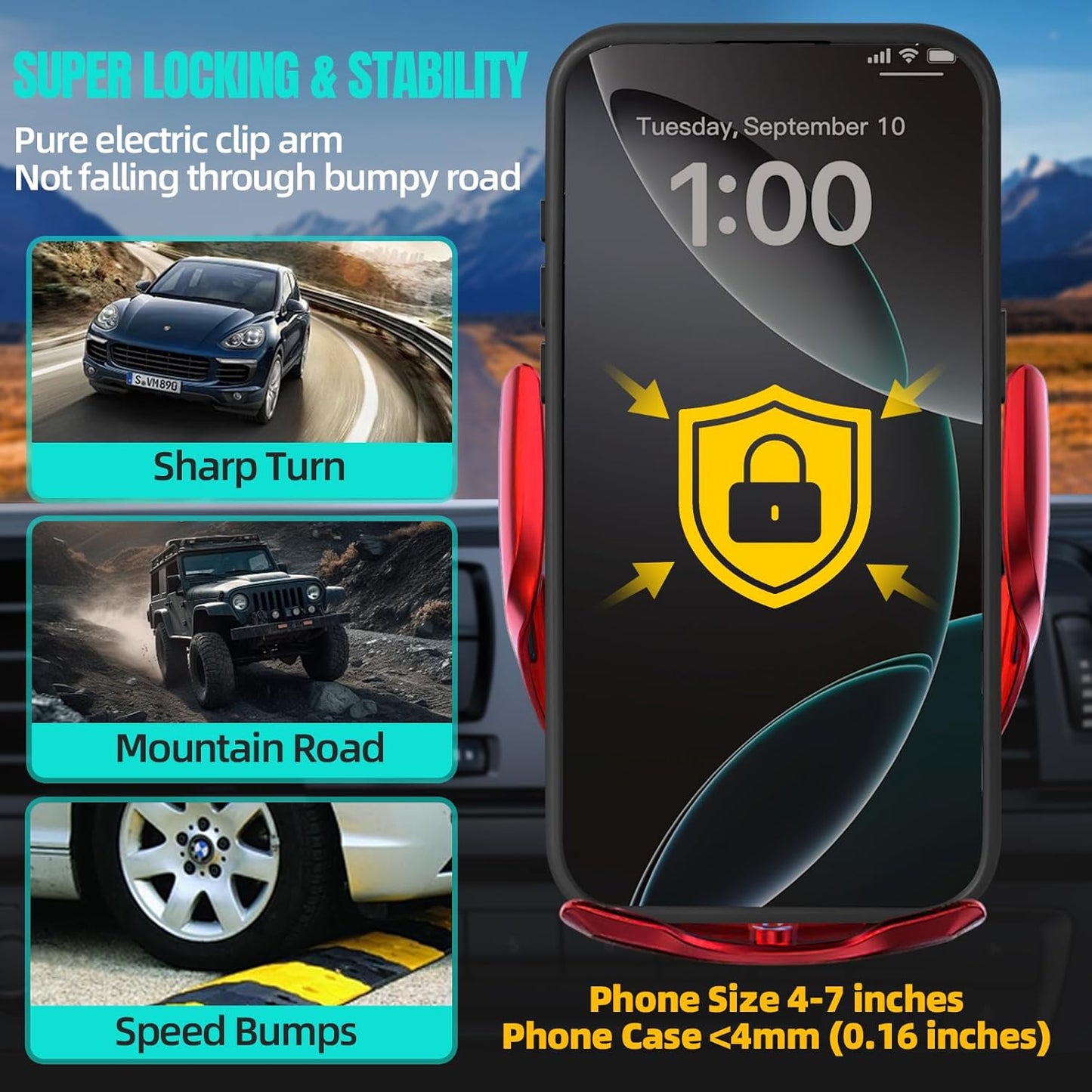 Wireless Car Charger, MAX 15W Fast Charging Auto Clamping, Sensing Phone Holder Mount, fit for iPhone 16 15 14 13 12 Pro Max Xs X, Samsung Galaxy S24 Ultra S23 S22 S21 S20 Note20 (4-Red)