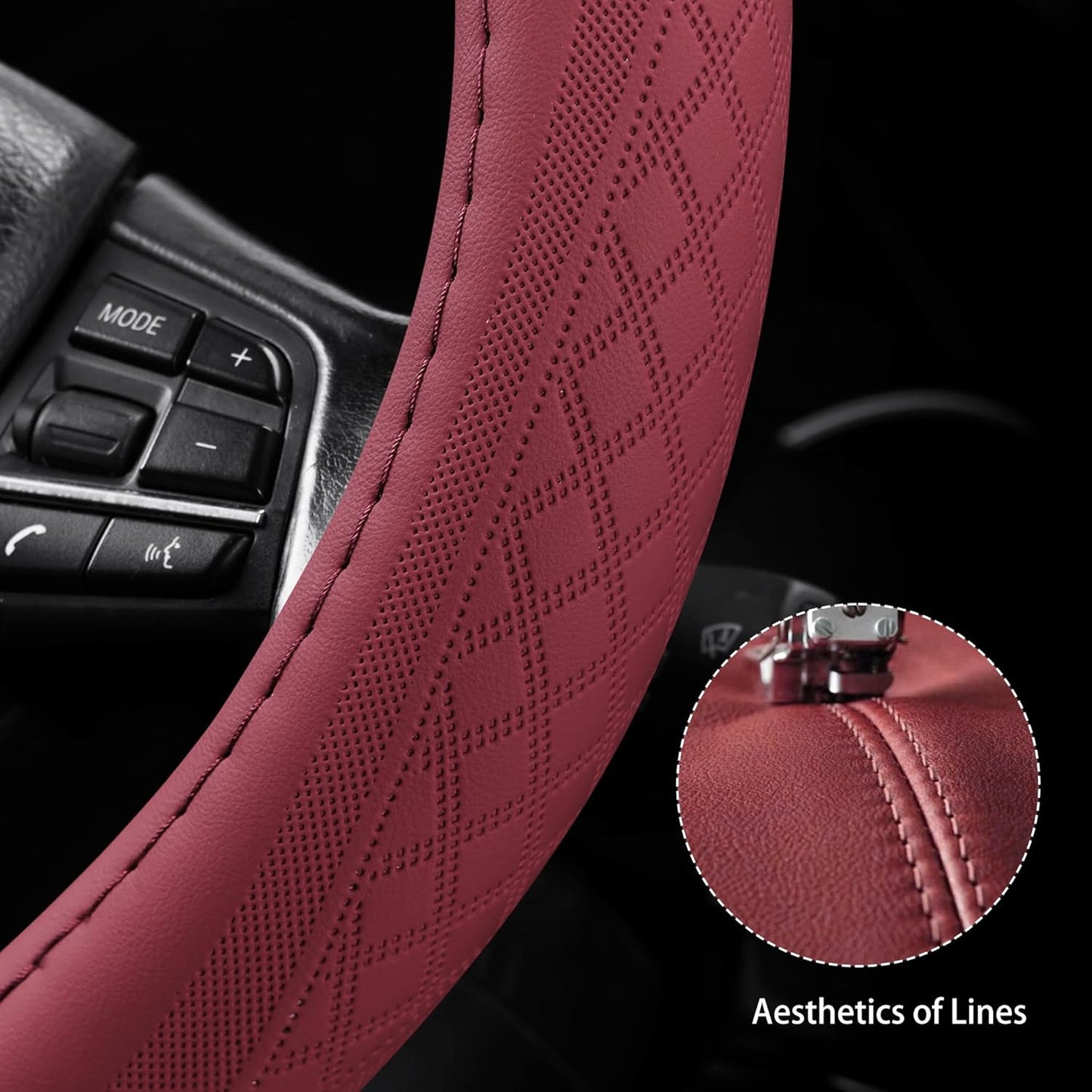 【2025 Model】 Breathable Soft Leather Car Steering Wheel Cover for Men Women, Non-Slip, Comfortable,Universal 15 inches Steering Wheels, Red