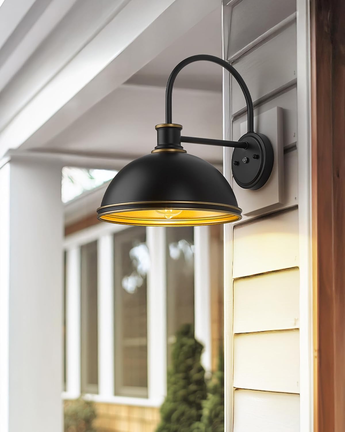 kudos Dusk to Dawn Porch Light Motion Sensor Outdoor Gooseneck Light Fixture Black Farmhouse Wall Sconce Lantern for Porch Entryway Garage, 1 Pack, KDOWL03-BK-S-LC