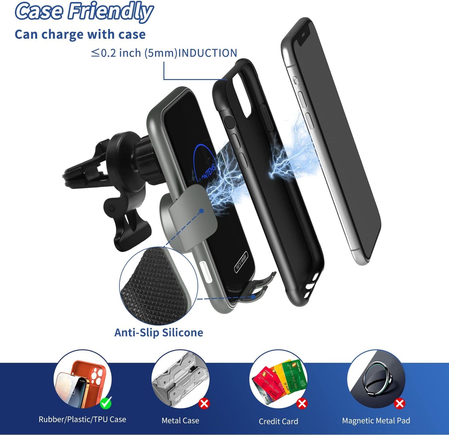 15W Fast Car Mount Charger, Charging Wireless Car Charger Phone Mount Phone Stand, Car Charger for iPhone 15 14 13 12 11 Pro Max, Samsung etc Windshield Dashboard Air Vent Auto Clamping Phone Holder