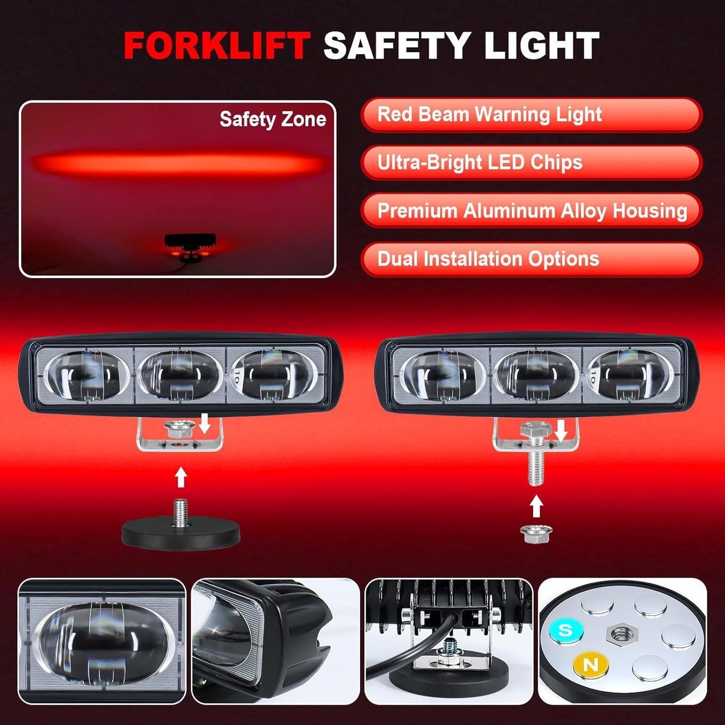 2Pcs Forklift Safety Light Red, 30W Straight Line Forklift and AGV Safety Indicator Warehouse Hazardous Area Warning Light for Warehouse and Industrial Use (DC 10-100V)