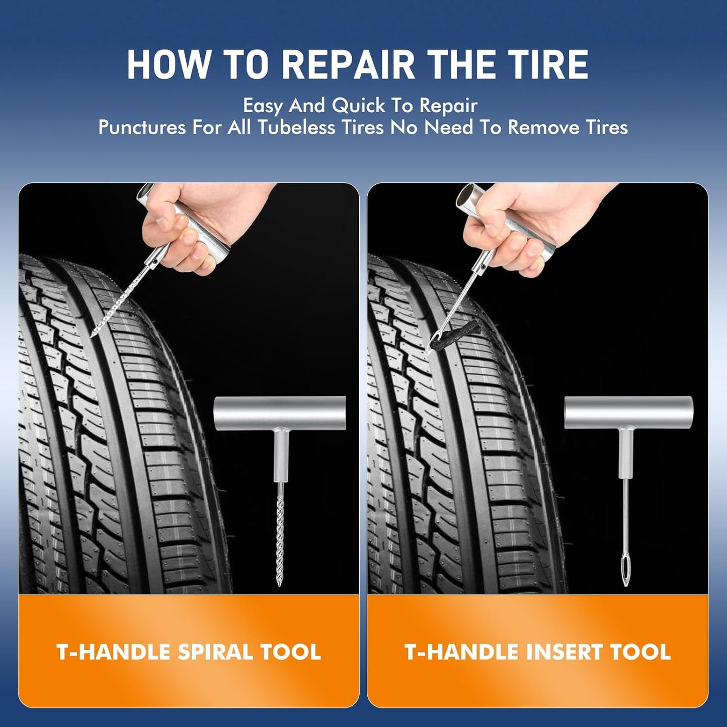 Tire Repair Kit,50PCS Tire Inflator Portable Air Compressor with 24000mwh Cordless Air Pump (150 PSI) for MPVs, Cars, E-Bikes and Motorcycles