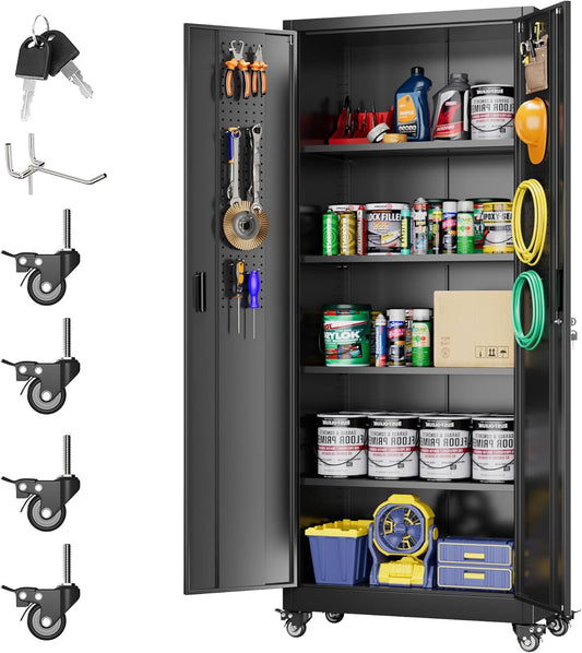 Metal Storage Cabinet with Wheels, Pegboard and 4 Hooks, 73" H Garage Storage Cabinet with 4 Adjustable Shelves and 2 Lockable Doors for Garage Home Office Warehouse, Black, Assembly Required